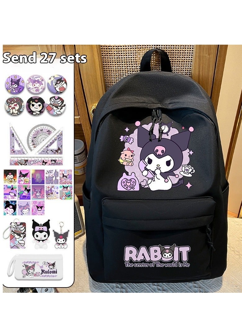 SISGL 27-Piece Cartoon Kuromi Backpack For School Girls 6-12 Years Old Teens Fashion Kawaii Kuromi Print School Bags For Girls Large Travel Backpack For Teens Students Gift  - Image 1