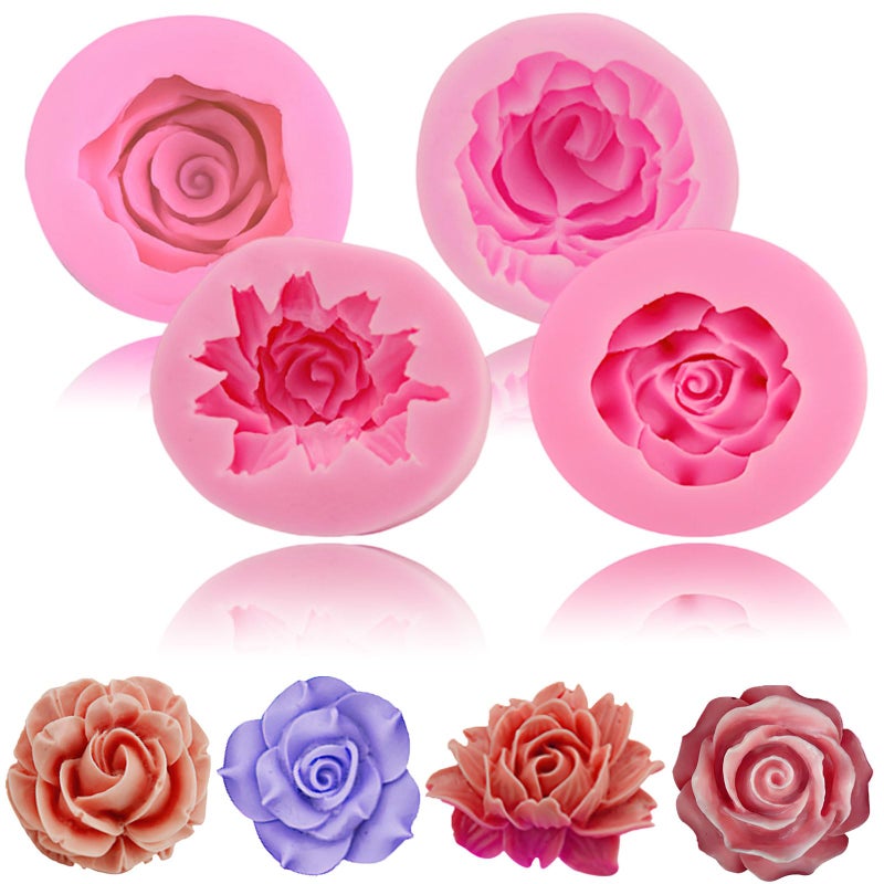 Ylapagne 4pcs Rose Flower Combo Fondant Silicone Cake Sugarcraft Molds Handmade 3D Cavity Flower Cake Resin Mold Crafting Candy Chocolate Cupcake Kitchen Baking Tools - Image 1