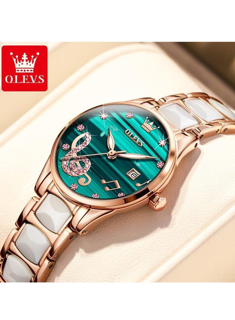 OLEVS Women's Watch Rose Gold Ceramic Designer Elegant Note Fashion Luxury 3ATM Date Waterproof Luminous Green Quartz Watch - Image 1