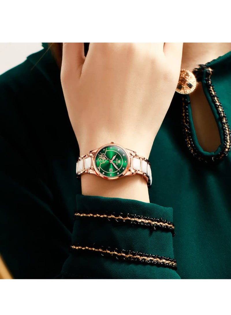 OLEVS Women's Watch Rose Gold Ceramic Designer Elegant Note Fashion Luxury 3ATM Date Waterproof Luminous Green Quartz Watch - Image 5