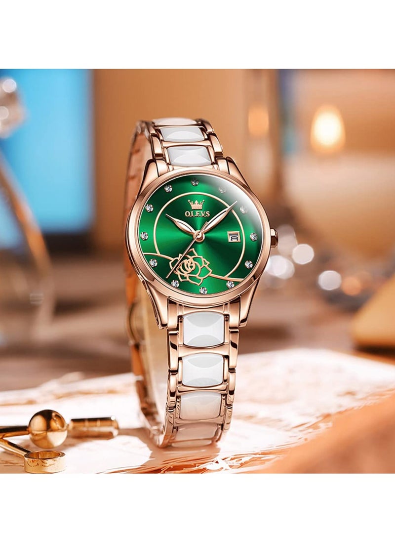 OLEVS Women's Watch Rose Gold Ceramic Designer Elegant Note Fashion Luxury 3ATM Date Waterproof Luminous Green Quartz Watch - Image 2