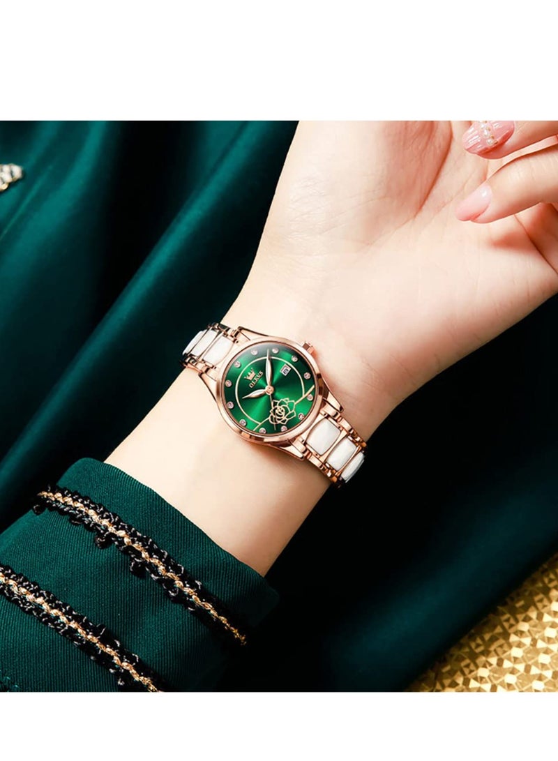 OLEVS Women's Watch Rose Gold Ceramic Designer Elegant Note Fashion Luxury 3ATM Date Waterproof Luminous Green Quartz Watch - Image 4