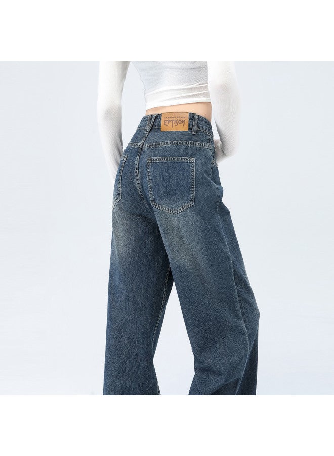 EPTISON Vintage Washed Jeans For Women, 2025 Autumn Loose Fit High-Waisted Straight-Leg Floor-Length Wide-Leg Pants - Image 5