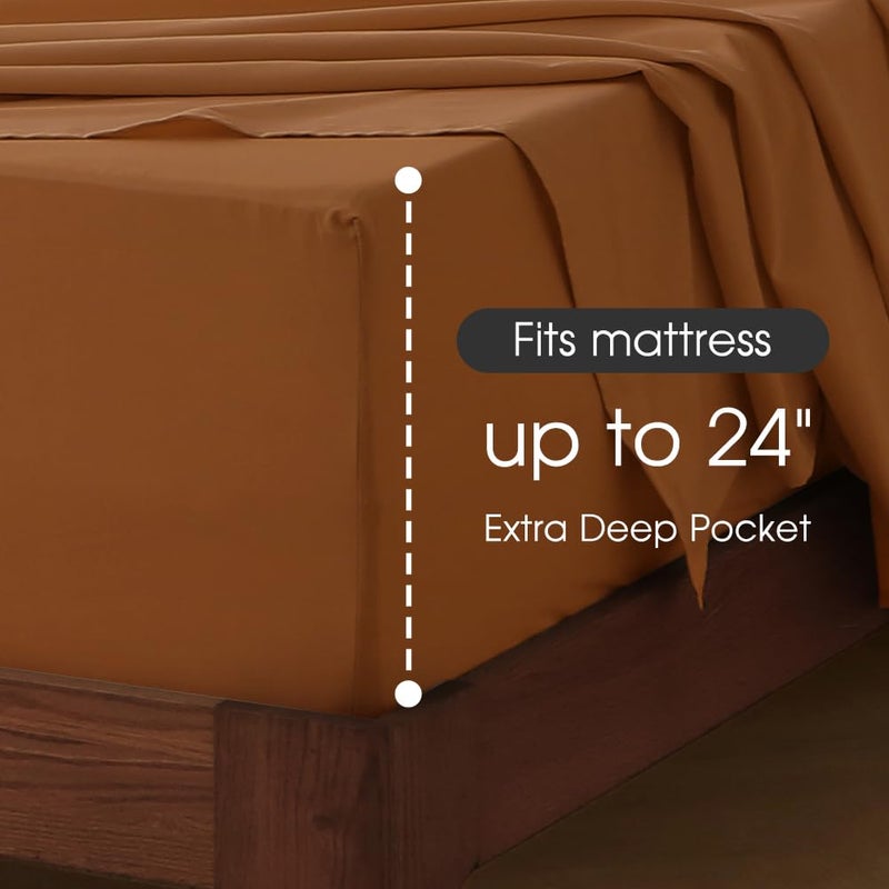 HYPREST 100% Cotton Sheets for Queen Size Bed Deep Pockets Fit 18"- 24" in Deep Mattress, Burnt Orange Hotel Luxury Soft Wrinkle Free Cooling Sheets for Queen Size Bed - Image 3