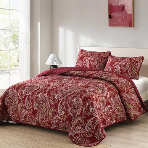 WONGS BEDDING Boho Quilt Set Queen3 Pieces Red Paisley Pattern Bedspread Coverlet SetLightweight Microfiber Bohemian Bedding Set for All Season 9690 - Image 3