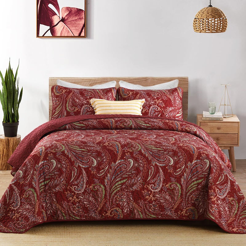 WONGS BEDDING Boho Quilt Set Queen3 Pieces Red Paisley Pattern Bedspread Coverlet SetLightweight Microfiber Bohemian Bedding Set for All Season 9690 - Image 2