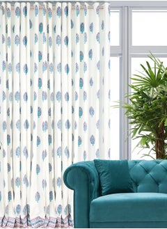 OJARIYA Hand Block Printed 100 Percent Premium Organic Cotton Cyan And White Curtains 274 X 152 Cm  - Image 1