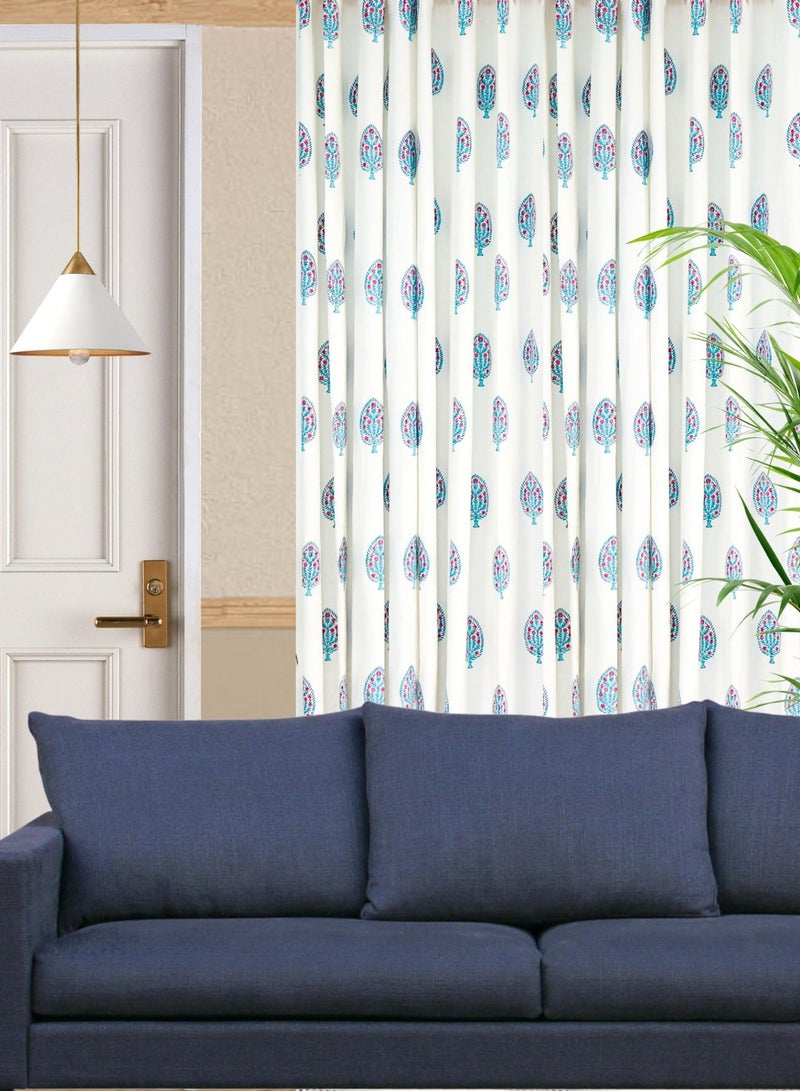 OJARIYA Hand Block Printed 100 Percent Premium Organic Cotton Cyan And White Curtains 274 X 152 Cm  - Image 3
