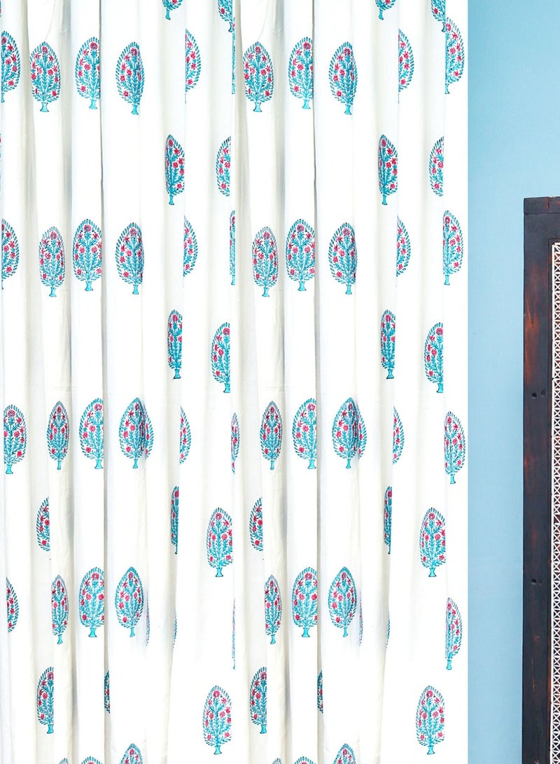 OJARIYA Hand Block Printed 100 Percent Premium Organic Cotton Cyan And White Curtains 274 X 152 Cm  - Image 4