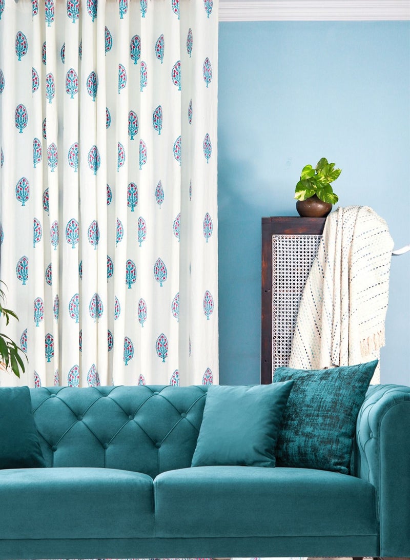 OJARIYA Hand Block Printed 100 Percent Premium Organic Cotton Cyan And White Curtains 274 X 152 Cm  - Image 2