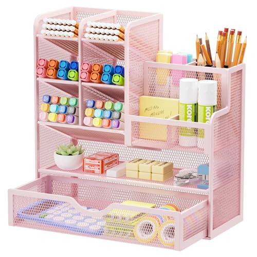 Marbrasse Mesh Desk Organizer with Drawer, Multi-Functional Pencil Organizer, 12 Compartments, Pink, Modern, Minimalist - Image 1