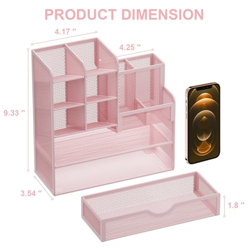 Marbrasse Mesh Desk Organizer with Drawer, Multi-Functional Pencil Organizer, 12 Compartments, Pink, Modern, Minimalist - Image 4