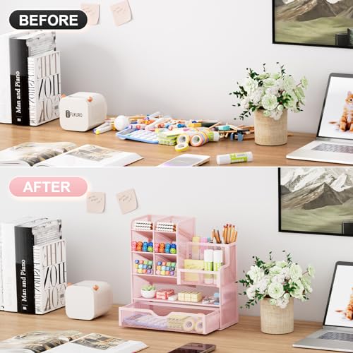 Marbrasse Mesh Desk Organizer with Drawer, Multi-Functional Pencil Organizer, 12 Compartments, Pink, Modern, Minimalist - Image 3