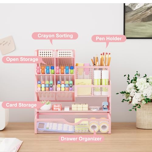 Marbrasse Mesh Desk Organizer with Drawer, Multi-Functional Pencil Organizer, 12 Compartments, Pink, Modern, Minimalist - Image 2