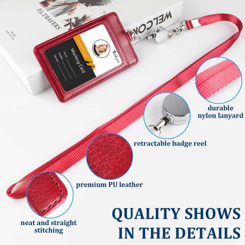 Teskyer ID Badge Holder with Retractable Lanyard, 2 Card Slots Easy Swipe Leather ID Card Holder for Work ID, School ID, Metro Card and Access Card - Image 2
