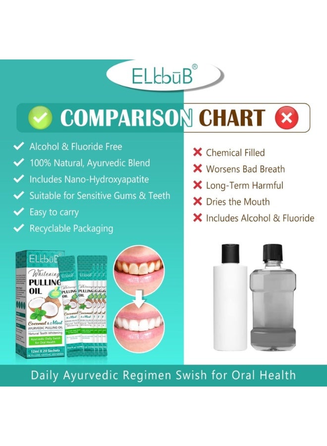 ELBBUB 20 قطعة من أكياس غسول الفم بزيت جوز الهند لتبييض الأسنان (20x12 مل) نعناع خفيف وزيت جوز الهند لتبييض الفم لأكياس السفر بزيوت طبيعية لتبييض الأسنان وتنفس منعش - Image 4