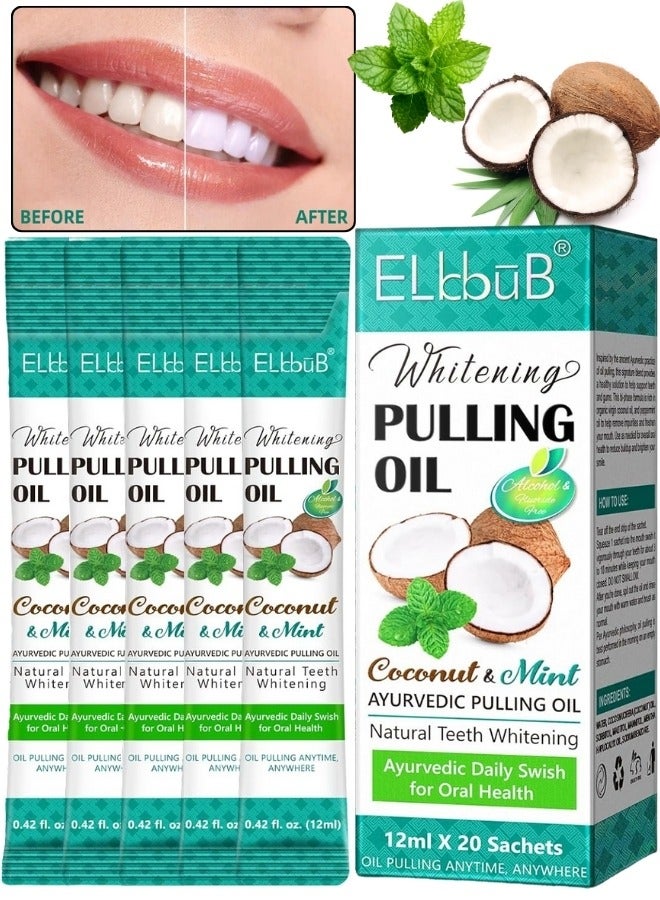 ELBBUB 20 قطعة من أكياس غسول الفم بزيت جوز الهند لتبييض الأسنان (20x12 مل) نعناع خفيف وزيت جوز الهند لتبييض الفم لأكياس السفر بزيوت طبيعية لتبييض الأسنان وتنفس منعش - Image 1