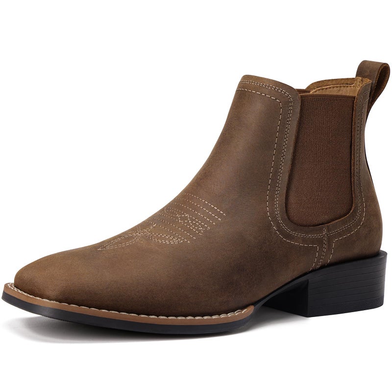 Choiran Western Cowboy Boots for Men - Mens Leather Square Toe Chelsea Boots Ankle Cowboy Boots for Men Casual Retro Stylish Boots Brown - Image 1
