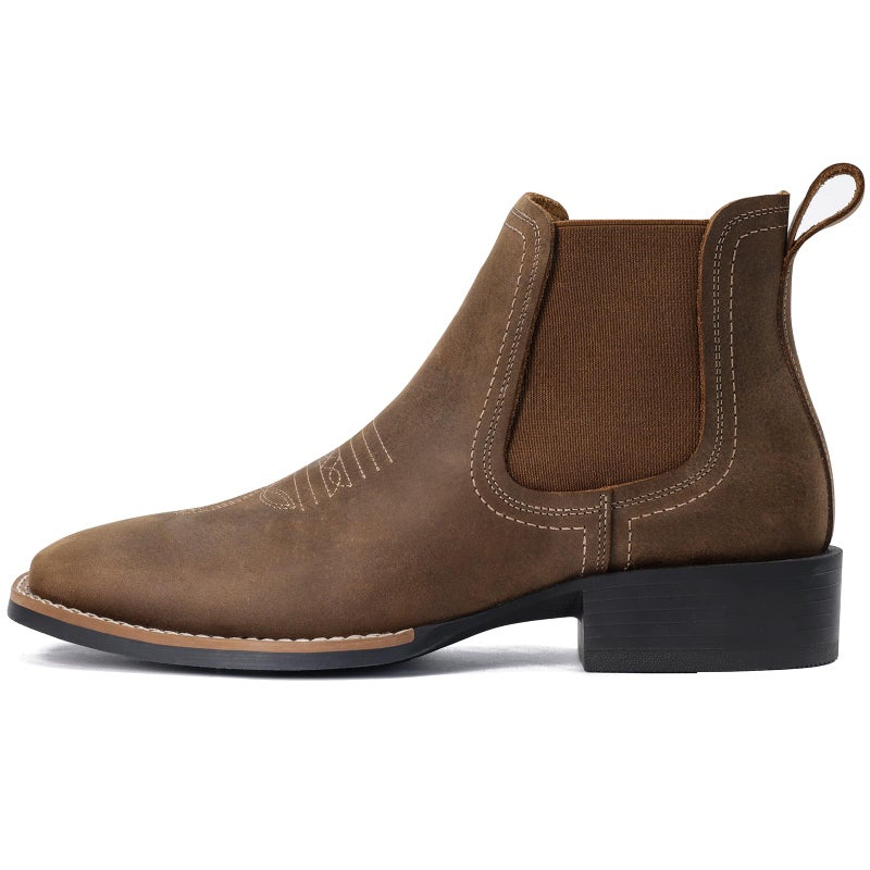 Choiran Western Cowboy Boots for Men - Mens Leather Square Toe Chelsea Boots Ankle Cowboy Boots for Men Casual Retro Stylish Boots Brown - Image 3