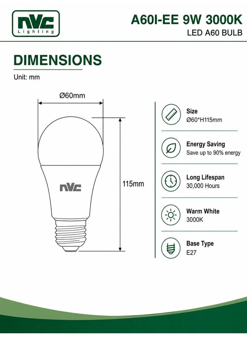 NVC A Bulb LED A60I-EE 9W 3000K E27 Ultra Bright High Efficiency (Living Room/ Café / Office) - Image 4