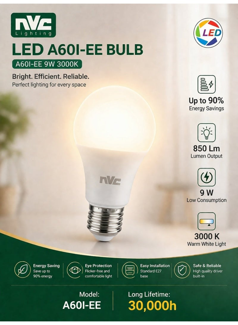 NVC A Bulb LED A60I-EE 9W 3000K E27 Ultra Bright High Efficiency (Living Room/ Café / Office) - Image 3