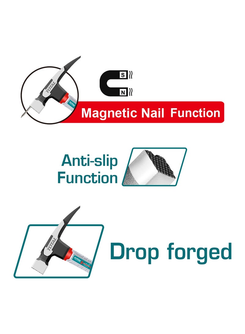 TOTAL Professional Roofing Hammer, 600g Drop-Forged Carbon Steel Head, Fiberglass Handle with Magnetic Nail Function, Anti-Slip Grip - Image 3