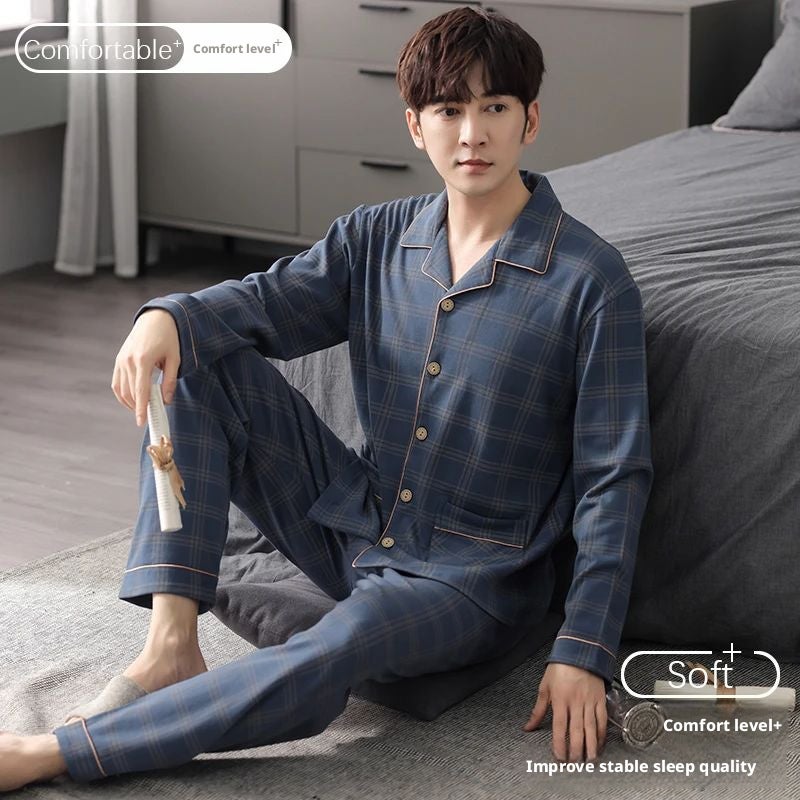 Men's Cotton Pajama Set Long Sleeve Checked Sleepwear - Image 3