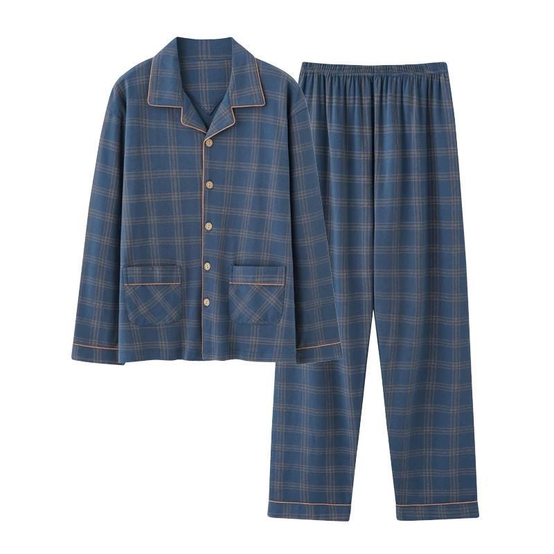 Men's Cotton Pajama Set Long Sleeve Checked Sleepwear - Image 5