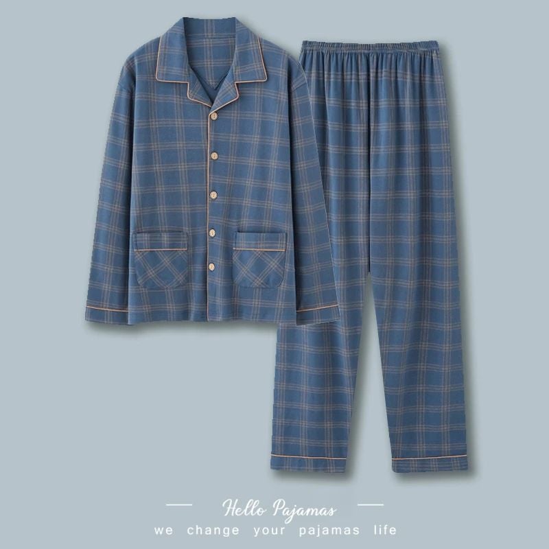 Men's Cotton Pajama Set Long Sleeve Checked Sleepwear - Image 1
