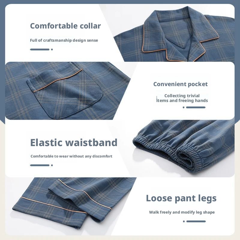 Men's Cotton Pajama Set Long Sleeve Checked Sleepwear - Image 4