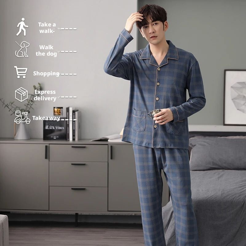 Men's Cotton Pajama Set Long Sleeve Checked Sleepwear - Image 2