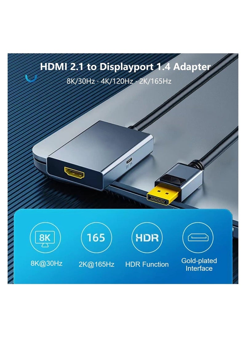 Generic محول HDMI إلى DisplayPort 8K مع طاقة USB، محول HDMI 2.1 أنثى إلى DP 1.4 ذكر يدعم 8K@30Hz/4K@120Hz/2K/144Hz لأجهزة Xbox One/PS4/PS5/NS  - Image 2