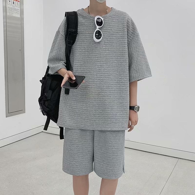 Mens Waffle Grid Sportswear Set Cool Tee Outfit White Shorts  - Image 3