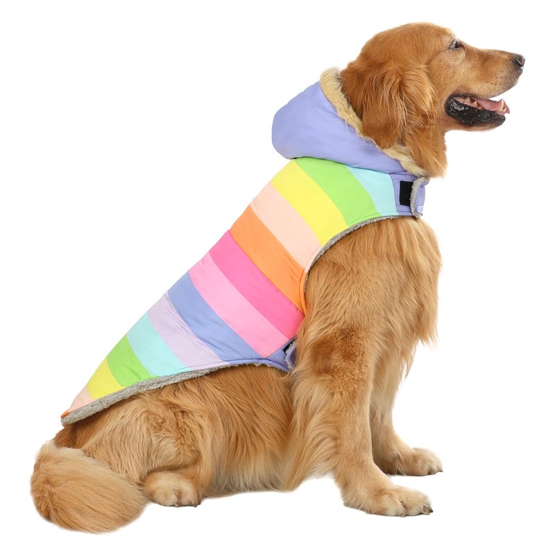 HDE Dog Puffer Jacket Fleece Lined Warm Dog Parka Winter Coat with Harness Hole Pastel Rainbow - L - Image 1