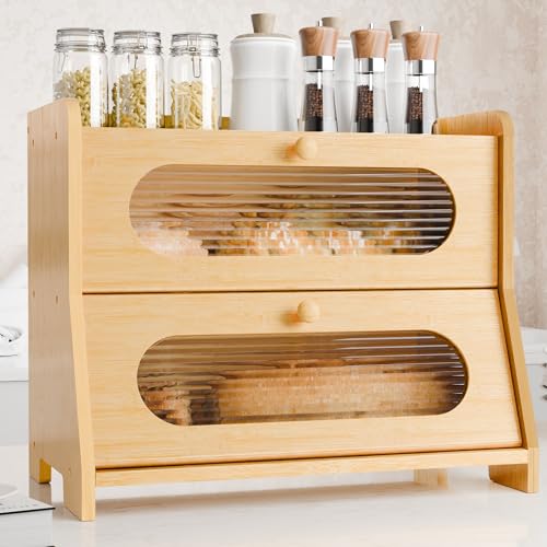 Stylstoreazy Bread BoxExtra Large 2Tier Bamboo Bread Box for Kitchen CountertopBread Storage Container with Magnetic Acrylic Door for Homemade BreadUnder CabinetPantry OrganizerNatural - Image 1