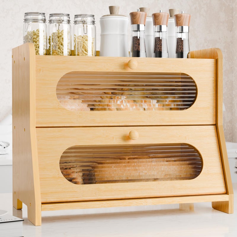 Stylstoreazy Bread BoxExtra Large 2Tier Bamboo Bread Box for Kitchen CountertopBread Storage Container with Magnetic Acrylic Door for Homemade BreadUnder CabinetPantry OrganizerNatural - Image 2