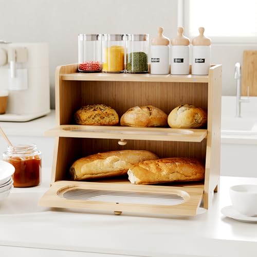 Stylstoreazy Bread BoxExtra Large 2Tier Bamboo Bread Box for Kitchen CountertopBread Storage Container with Magnetic Acrylic Door for Homemade BreadUnder CabinetPantry OrganizerNatural - Image 3