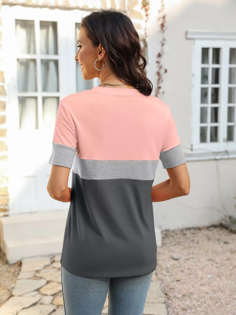 Minetom Womenâ€™s T Shirts Color Block Short Sleeve Tops Casual Summer Tees - Image 5