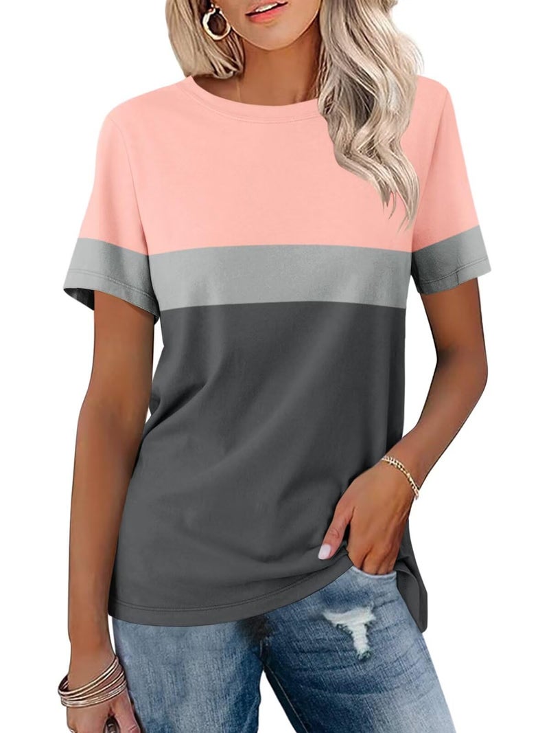 Minetom Womenâ€™s T Shirts Color Block Short Sleeve Tops Casual Summer Tees - Image 1