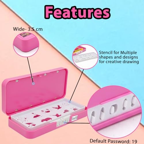 Monarch bizcom impex Medium Size Plastic Basketball-Themed Pencil Box & Stationery Box with Lock, Compartment & Stencil Partition Tray for Drawing Airplane, Bus, More (Velvet Pink) Password Protected - Image 4