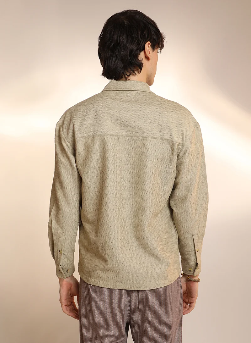 كامبوس سوترا Men's Buff Beige Chevron-Woven Utility Shirt