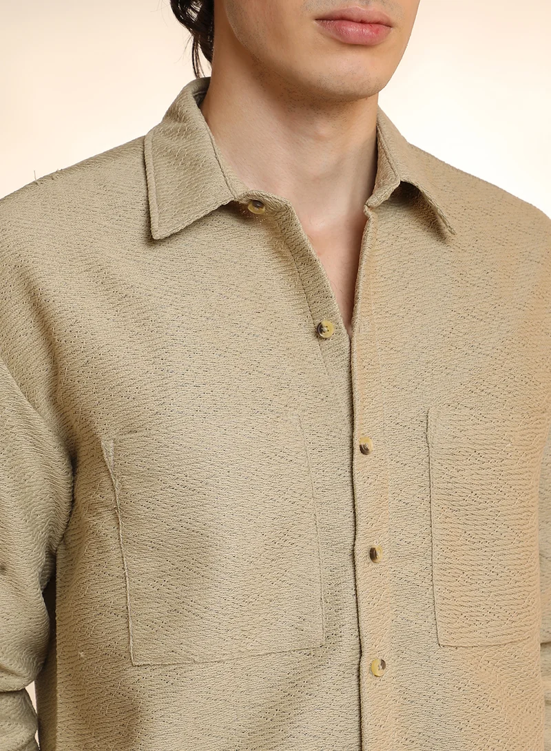 كامبوس سوترا Men's Buff Beige Chevron-Woven Utility Shirt