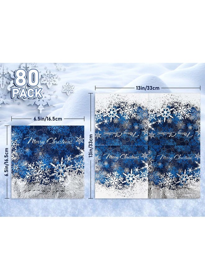 Whaline 80 Pack Christmas Paper Napkins 6.5 x 6.5" Foil Silver Snowflake Cocktail Napkins Disposable Navy Blue White Party Beverage Napkins for Christmas New Year Winter Holiday Dinner Party Supplies - Image 2