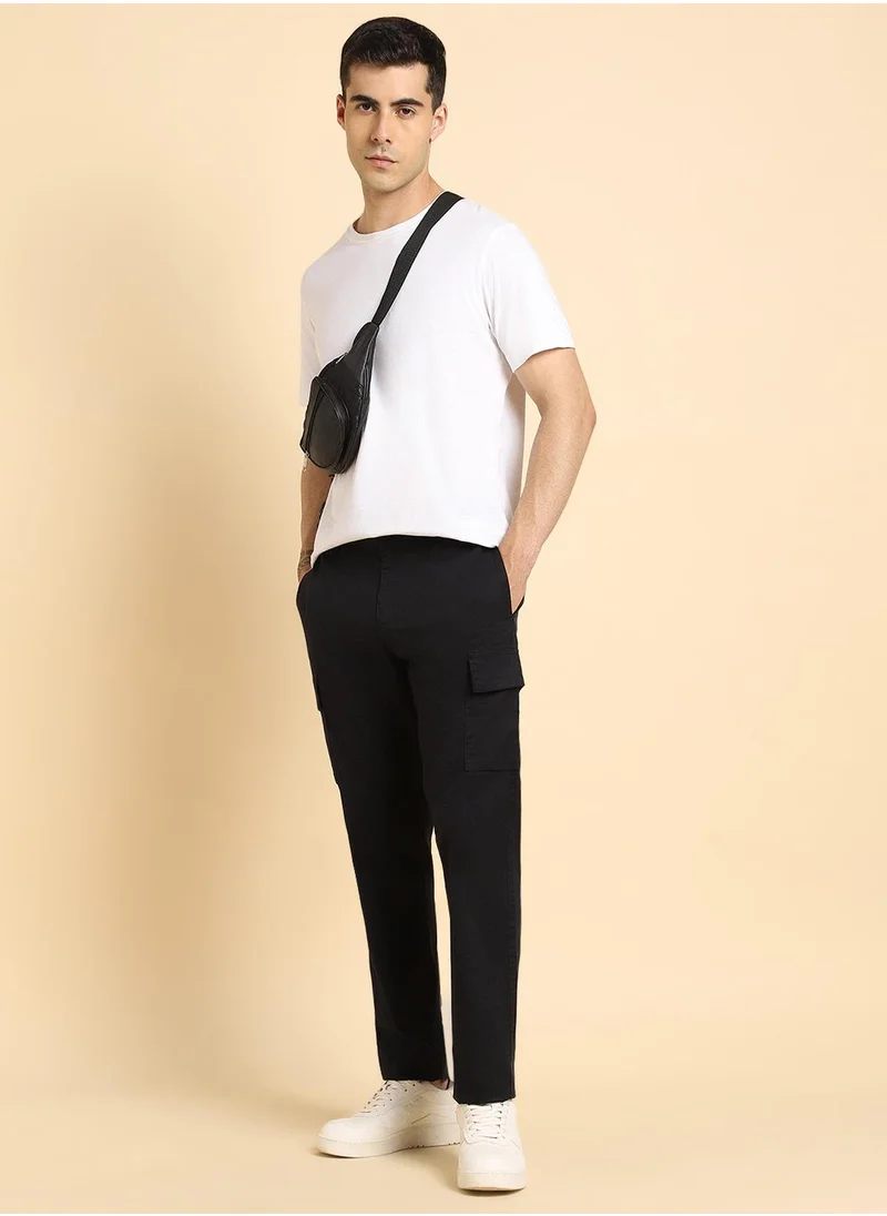 Dennis Lingo Black Slim Fit Cargo Pants for Men - Cotton Lycra, Full Length, Mid Rise, Casual