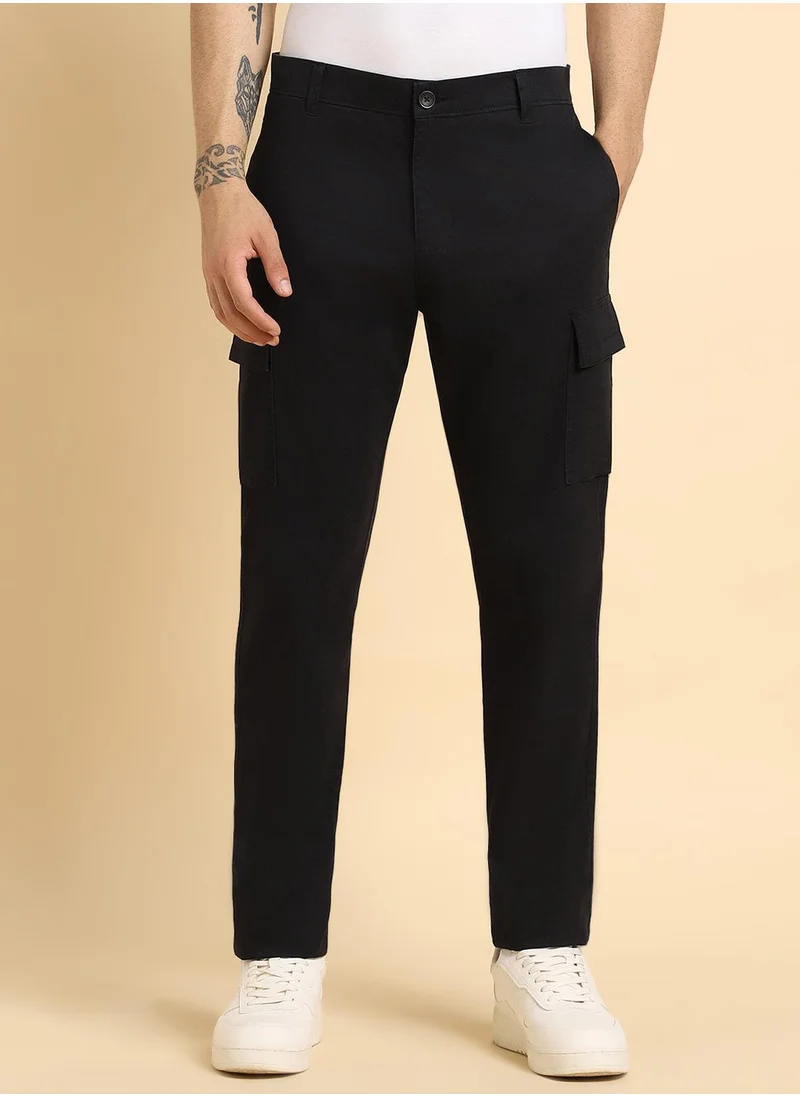 Dennis Lingo Black Slim Fit Cargo Pants for Men - Cotton Lycra, Full Length, Mid Rise, Casual