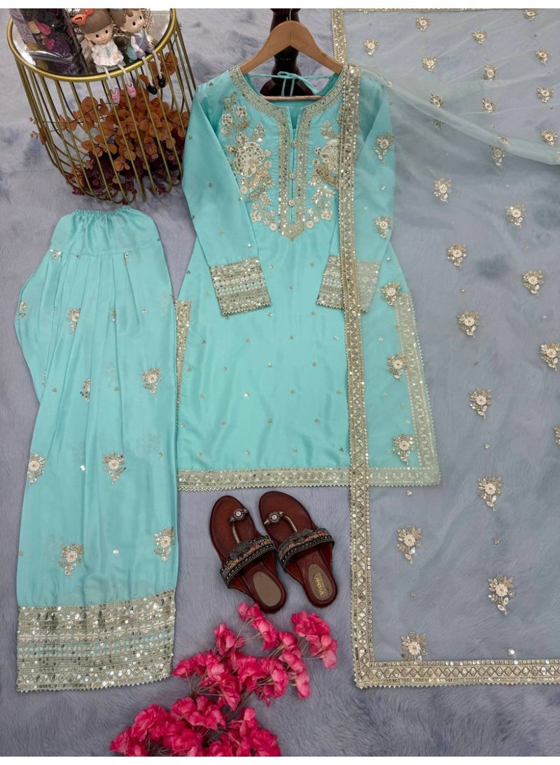 Super Asian Embroidered Sequence Work Top with Sharara & Organza Silk Dupatta - Image 1