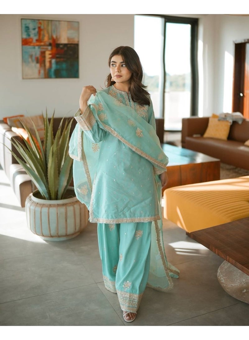 Super Asian Embroidered Sequence Work Top with Sharara & Organza Silk Dupatta - Image 5