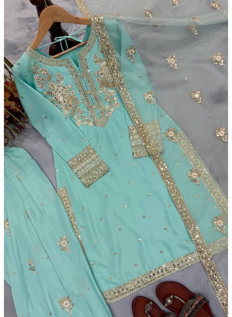 Super Asian Embroidered Sequence Work Top with Sharara & Organza Silk Dupatta - Image 4