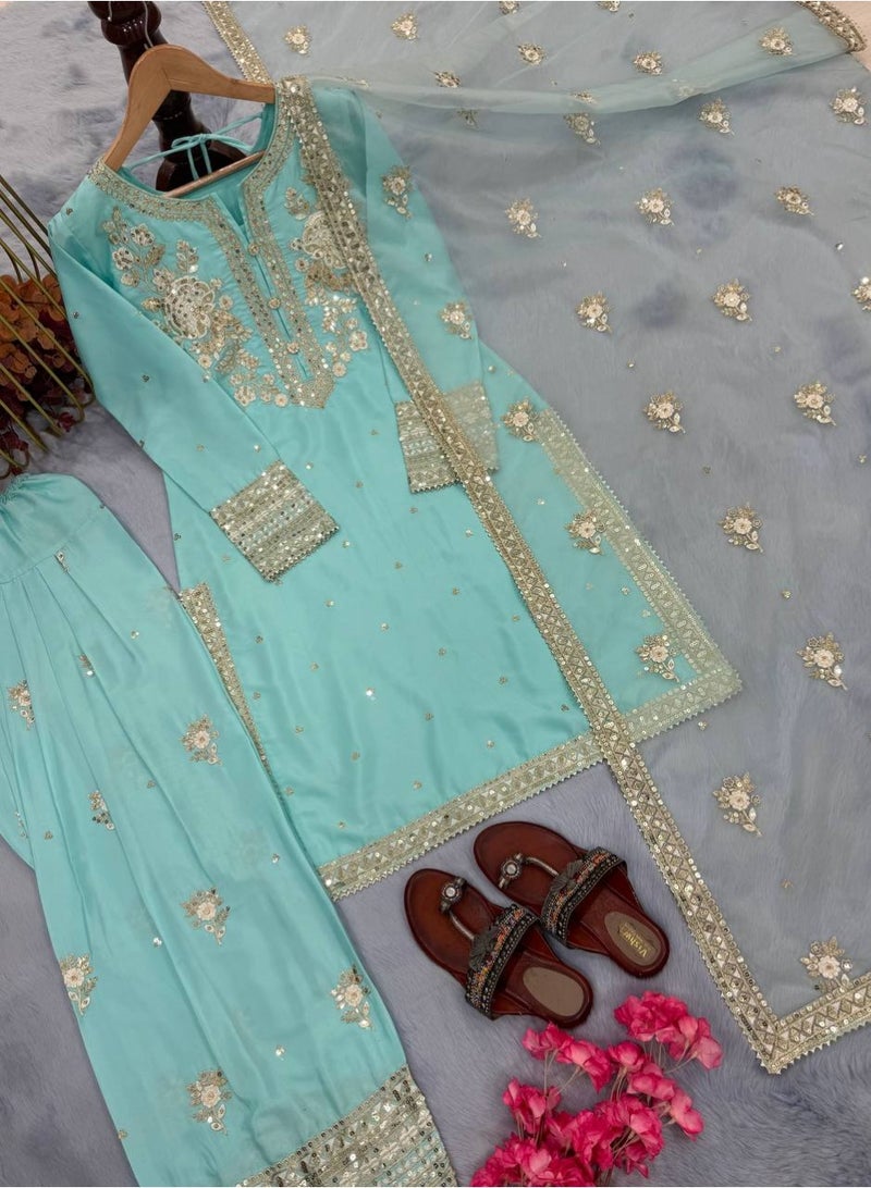 Super Asian Embroidered Sequence Work Top with Sharara & Organza Silk Dupatta - Image 3