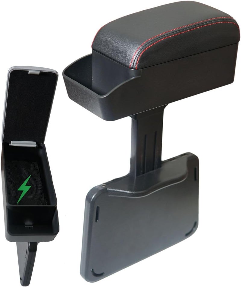 Car Armrest Storage Box, Car Seat Gap Filler Organizer, Car Organizers and Storage, Arm Rest for Car, Forearm Wrist Support Adjustable Armrest for Most Car Models (Wireless Charging, Black) - Image 1